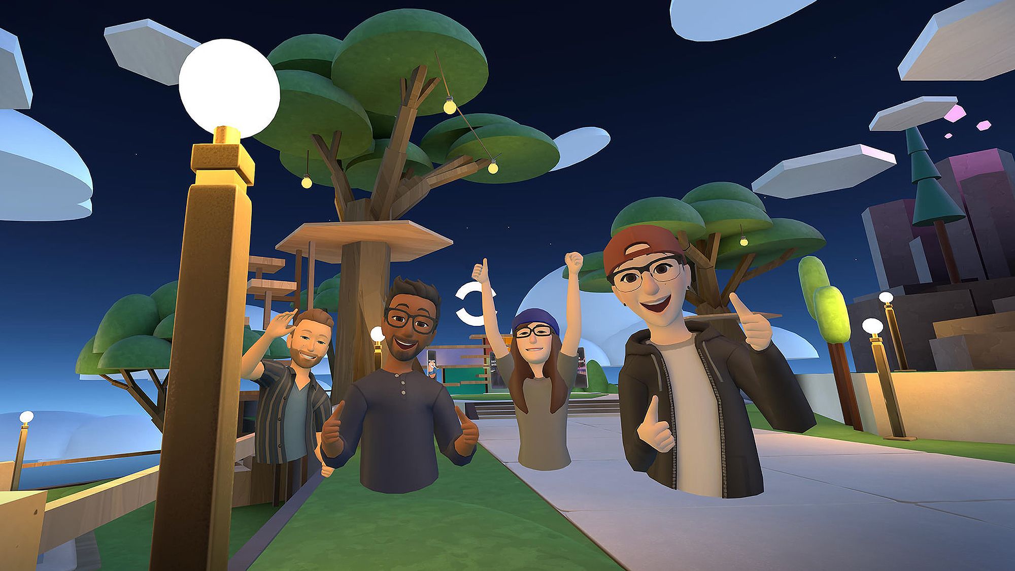 Meta Avatars 1.0 in 2022: four legless, low-fidelity avatars floating in a park