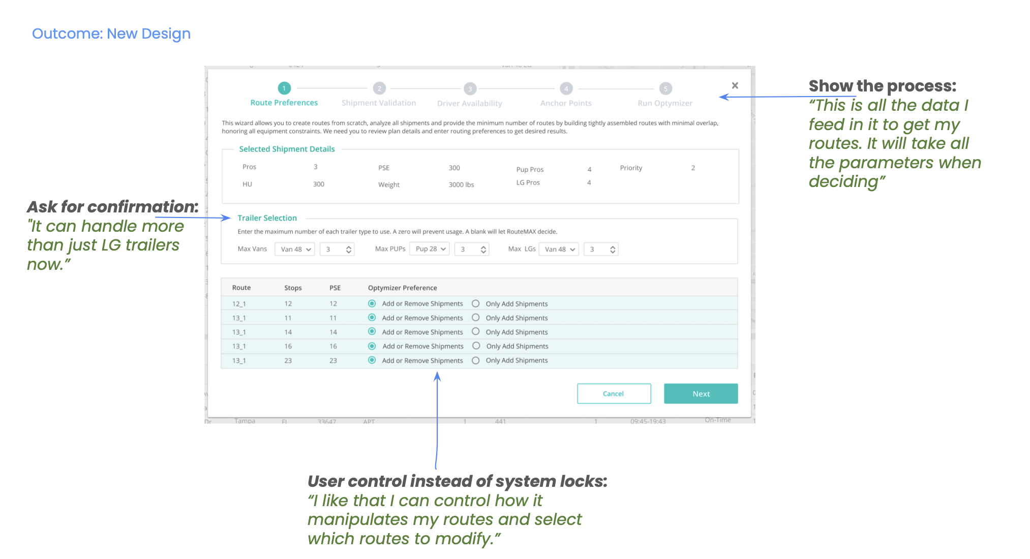 The redesigned Route Preferences wizard, annotated: a step tracker showing the process, explicit Trailer Selection asking for confirmation, and per-route optimizer preferences replacing system locks.